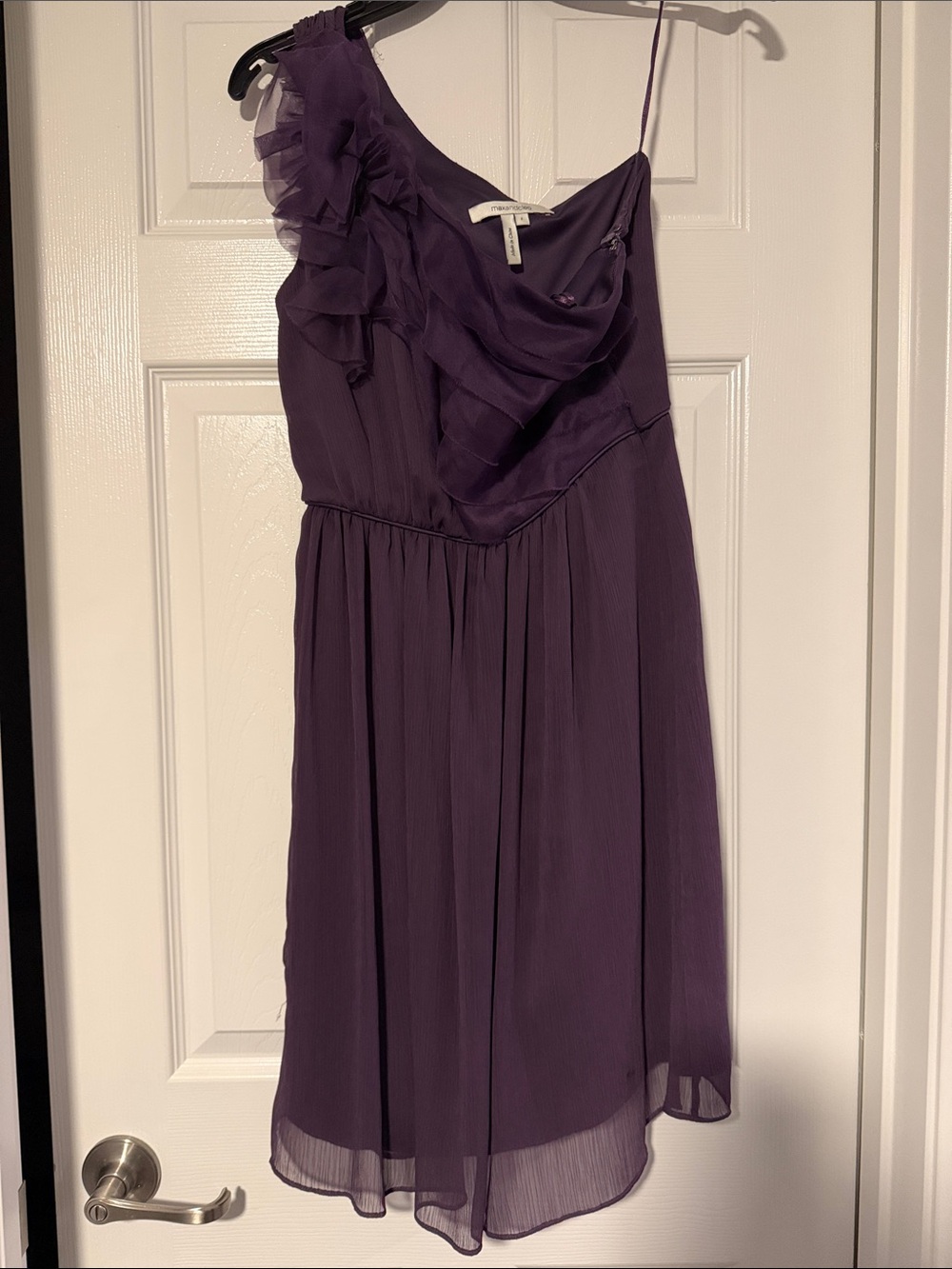 Max & Cleo Purple Satin V-Neck Dress with Floral Accent